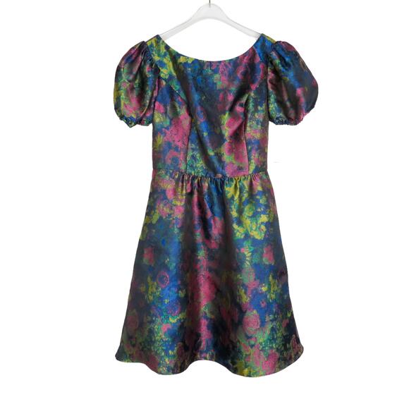DB STUDIO Puff Sleeve Open Back Brocade A-Line Metallic Mini Dress Size 12 - Picture 6 of 10